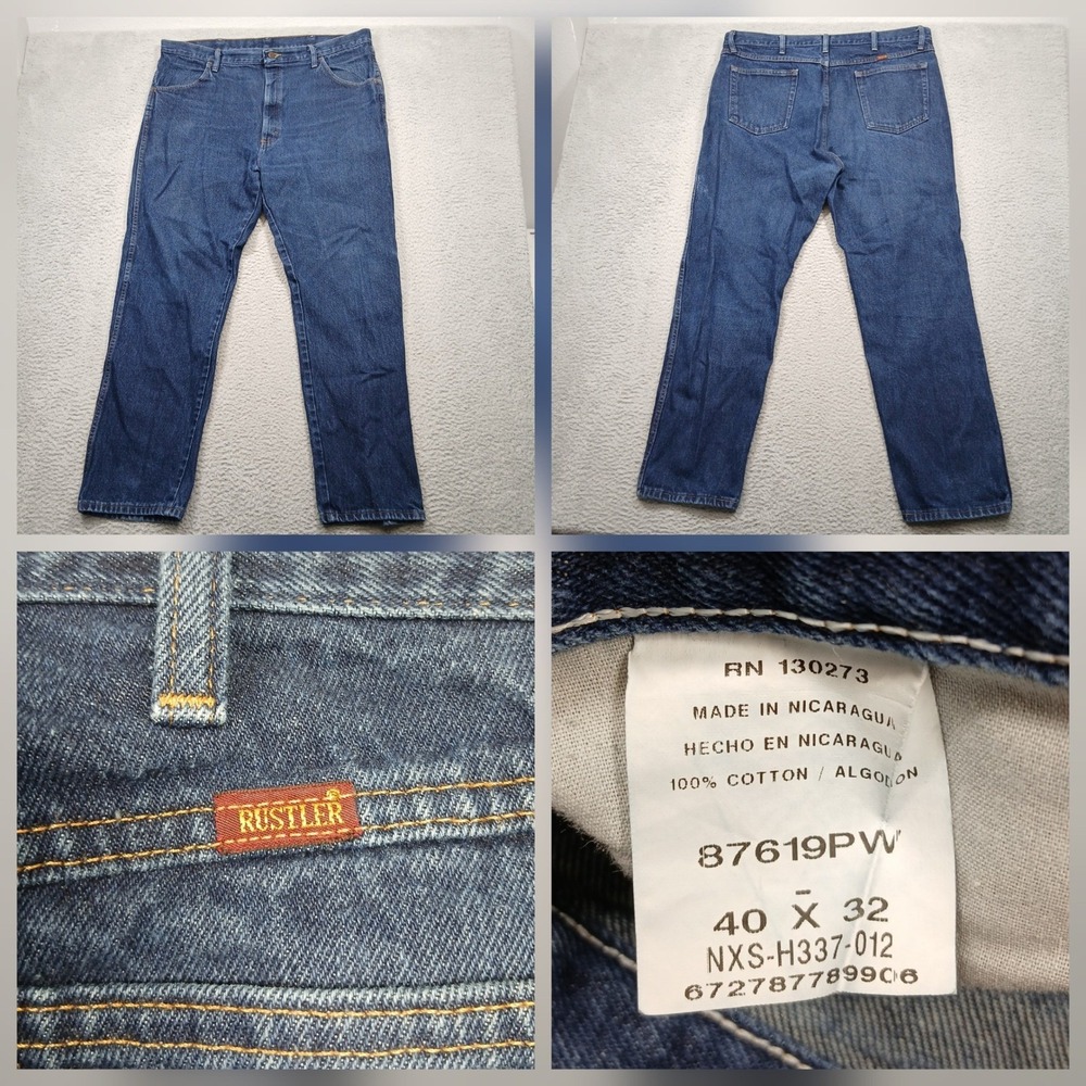 Rustler Men's Jeans 40x32 Blue Denim 100% Cotton Relaxed Fit